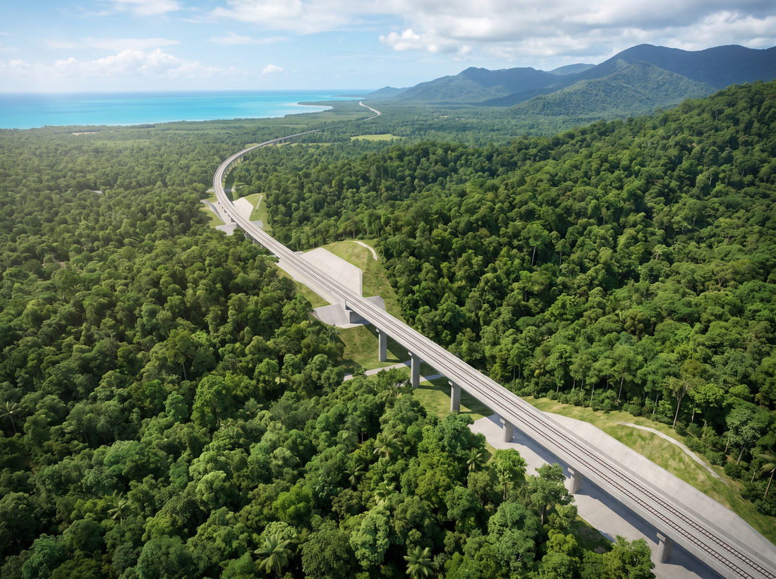 Concept visualization of an elevated railway corridor running through tropical forest toward a coastline