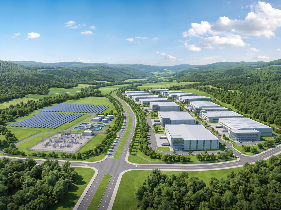 Concept visualization of an integrated development combining industrial buildings, on-site generation and supporting infrastructure in a valley