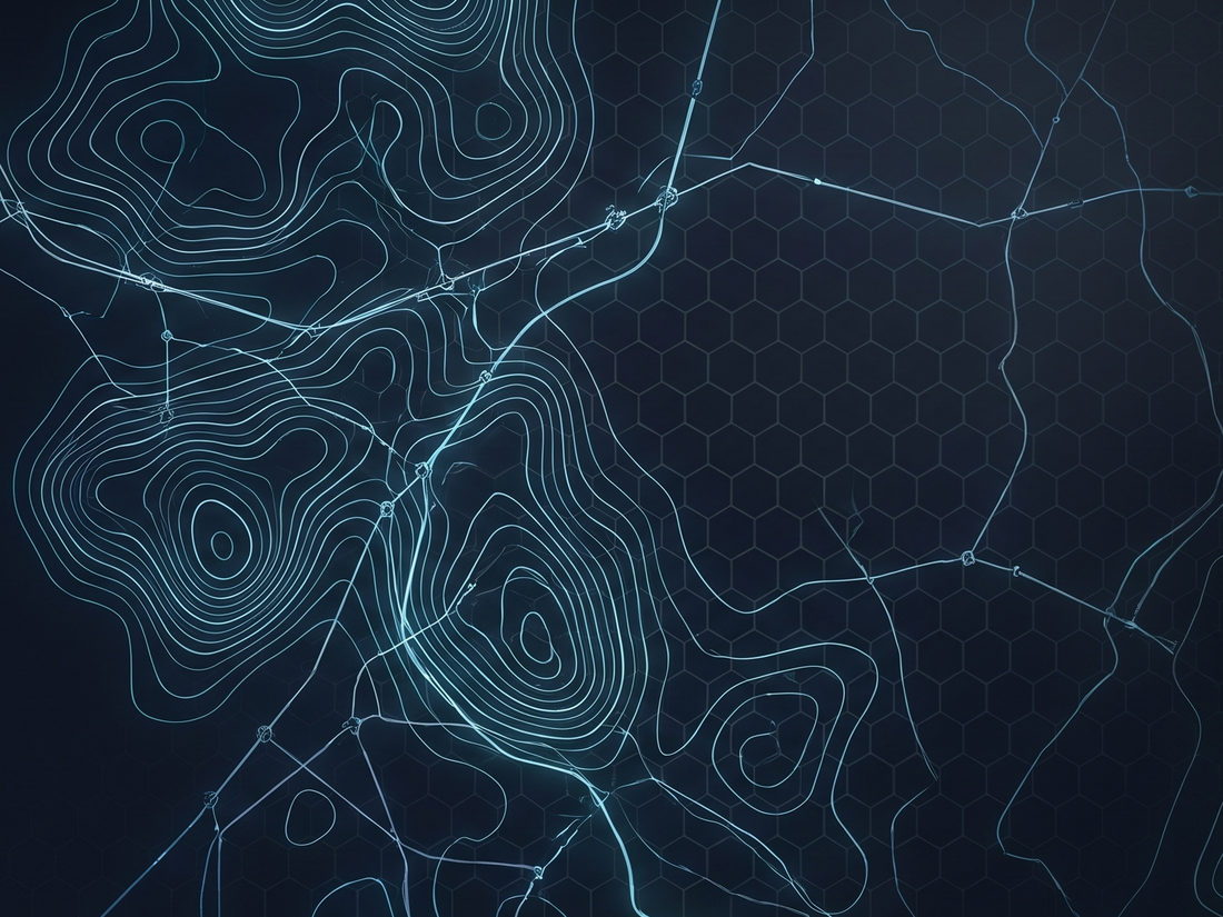 Geospatial analysis showing terrain contours, route alignments and network nodes