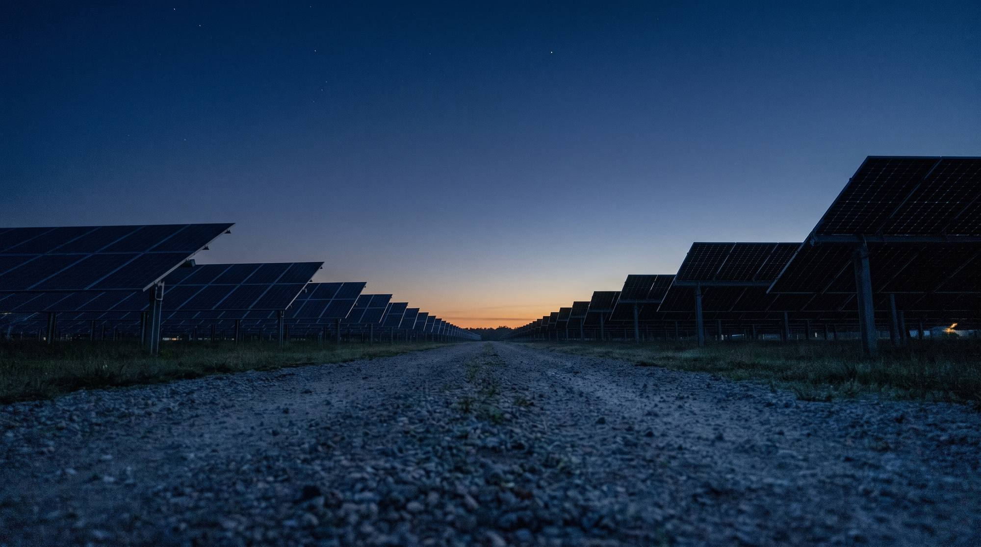 Rows of solar panels silhouetted against a twilight sky